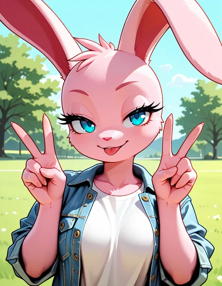 masterpiece, best quality, very aesthetic, absurdres,
outdoors, 
upper body, tongue out, double v,
t-shirt, denim jacket, 
seductive smile, parted lips, long eyelashes, 
<lora:Poppy_v01_NAIXL:1>
P0pp7,1girl,solo,furry,furry female,rabbit girl,rabbit ears,short hair,blue eyes,animal nose,body fur,pink fur,rabbit rail,
