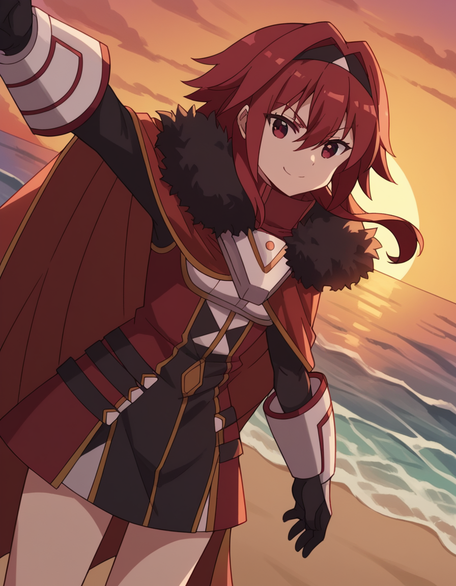 score_9, score_8_up, score_7_up, source_anime, <lora:bofuri-mii-s2-ponyxl-lora-nochekaiser:1>, mii, long hair, bangs, red eyes, hair between eyes, sidelocks, red hair, hairband, black hairband,, gloves, black gloves, cape, armor, fur trim, red cape,, beach, sunset, walking along shore, footprints in sand, waves, peaceful, smile, , arm outstretched, hand on hip, knee bent, solo,, cowboy shot, dutch angle