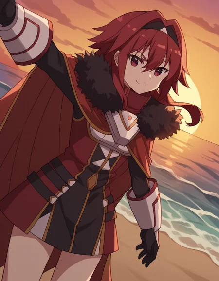 score_9, score_8_up, score_7_up, source_anime, <lora:bofuri-mii-s2-ponyxl-lora-nochekaiser:1>, mii, long hair, bangs, red eyes, hair between eyes, sidelocks, red hair, hairband, black hairband,, gloves, black gloves, cape, armor, fur trim, red cape,, beach, sunset, walking along shore, footprints in sand, waves, peaceful, smile, , arm outstretched, hand on hip, knee bent, solo,, cowboy shot, dutch angle