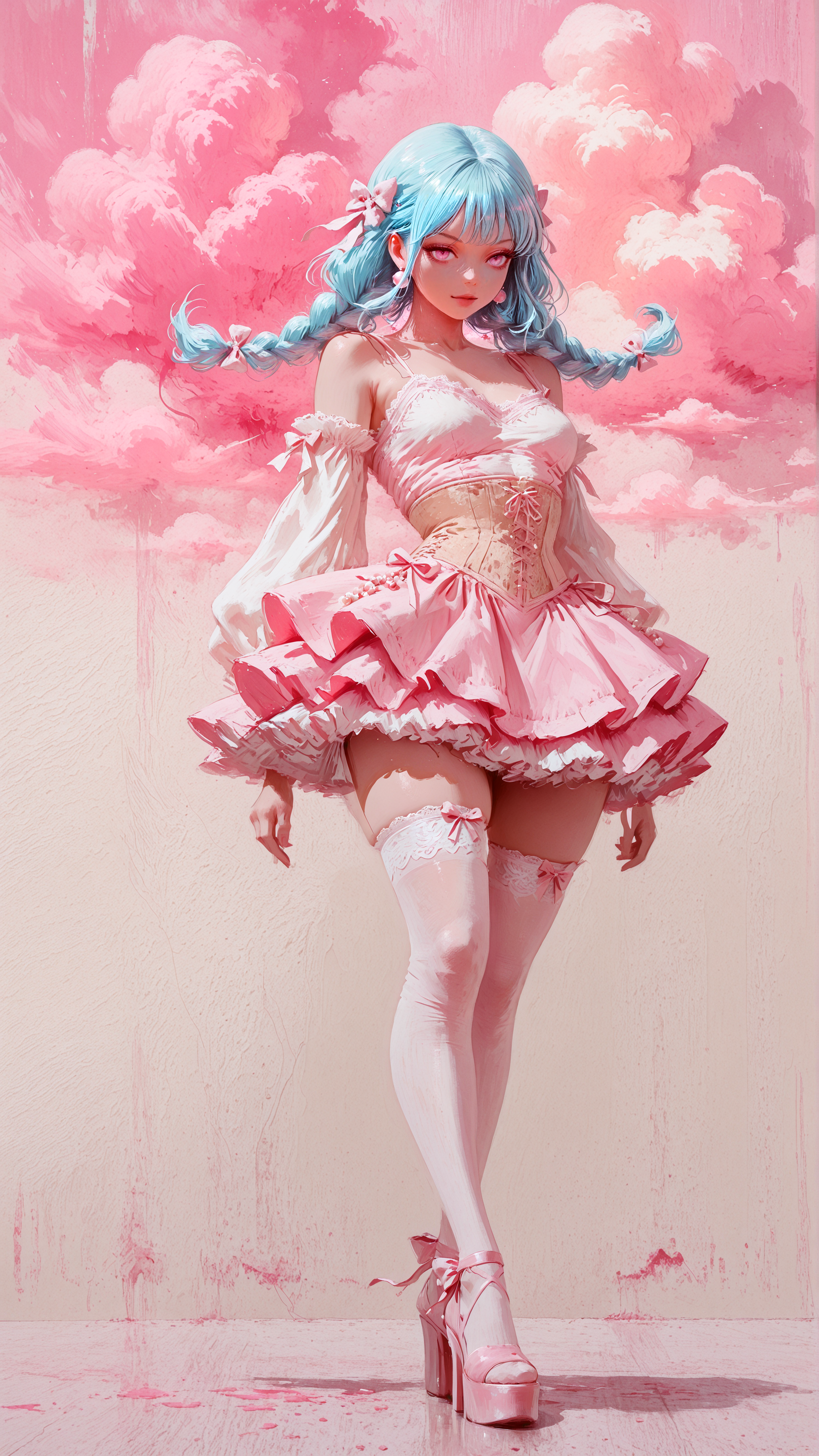 masterpiece, newest,absurdres,incredibly absurdres, best quality, amazing quality, very aesthetic, vibrant colors, pastel colors, realistic, cloud,
1girl, standing poised, frilly layered dress with lace trim and ribbon accents, corset waist, sheer sleeves, thighhighs with bows, platform heels, long light blue hair in intricate twin braids with curled ends and pearl pins, soft breeze in hem,  pastel pink theme, ivory hue, elegant and vivid,
   <lora:Forest_Decay_Style_ichi_sk:1> <lora:fuyumur4s4ki_style:0.7> fuyumur4s4ki_illu <lora:hidream_painterly_v1_1653283:1> painterly, impasto,