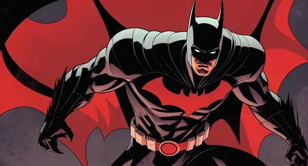 comic book art of Cinematic Film stock footage in (arri alexa style) Kodak film print, <lora:Batman Beyond:1> Batman Beyond a batman in a red and black dark stealth costume, comic art, graphic novel illustration