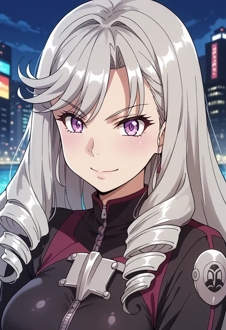 score_9, score_8_up, score_7_up, score_6_up, score_5_up, score_4_up, 20yo, (anime style, anime coloring,:1.3)
<lora:ShijuuinKaguya:1>,shijuuinkaguya, kandagawajetgirls, Kaguya Shijuuin, lilac eyes, silver hair, long hair, drill hair, 
websuit,(black wetsuit:1.2), covered arms, covered hands, highspeed, from side, city, water canal, portrait, medium breasts,closeup, smile, red stripe,