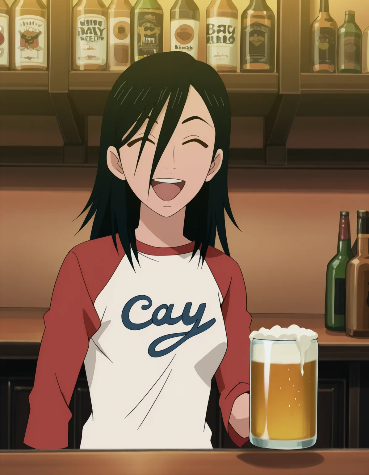 <lora:izumi-maho-illustrious-000015:1> minamimaho, raglan sleeves, 1girl, beer, closed eyes, open mouth, happy, counter