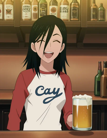 <lora:izumi-maho-illustrious-000015:1> minamimaho, raglan sleeves, 1girl, beer, closed eyes, open mouth, happy, counter