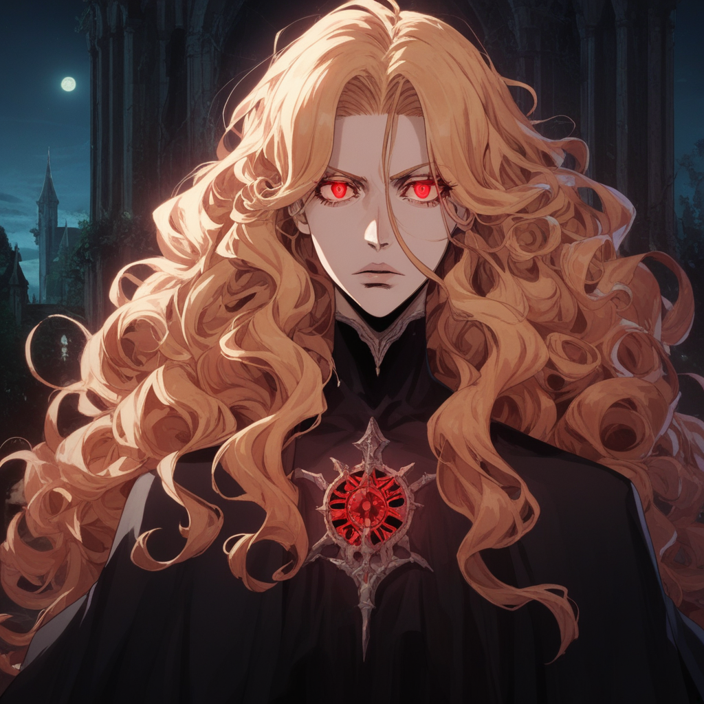 score_9, score_8_up, score_7_up, score_6_up, score_5_up, score_4_up, castlevania_(netflix), castlevania style, castl3van1a5tyl3, , (perfect face, perfect eyes), BREAK, 1woman, long blonde hair, sidelocks, bang, updo, messy hair, curly hair, eyelashes, red eyes, bleach style, green eyes, glowing eyes, slit_pupils, revealing clothes, dress, evening_dress, evening_gown, castlevania style, light shining, rays of light, night, Outside at night, a walled village in the distance, towers, stone,AddXL, sm_an_stl ,source_anime, anime screencap, anime, animification
