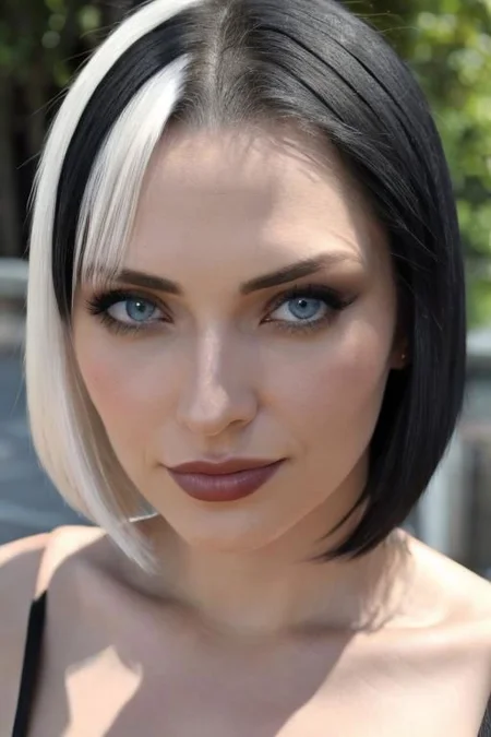 full body image, (masterpiece, best quality, hires, high resolution:1.2, 4k, 8k , high quality), extremely detailed, realistic, intricate details, highres, 1girl, solo, (large breasts, thick thighs, wide hips), arched back, dark blue eyes, split-color hair, white and black hair, hair in 1 three-strand braid, (cinematic lighting, sunlight, perfect lighting, backlighting), eye-level shot, extreme close-up-shot, looking at viewer, fishnet bodysuit, reverse bunnysuit, heart pasties,