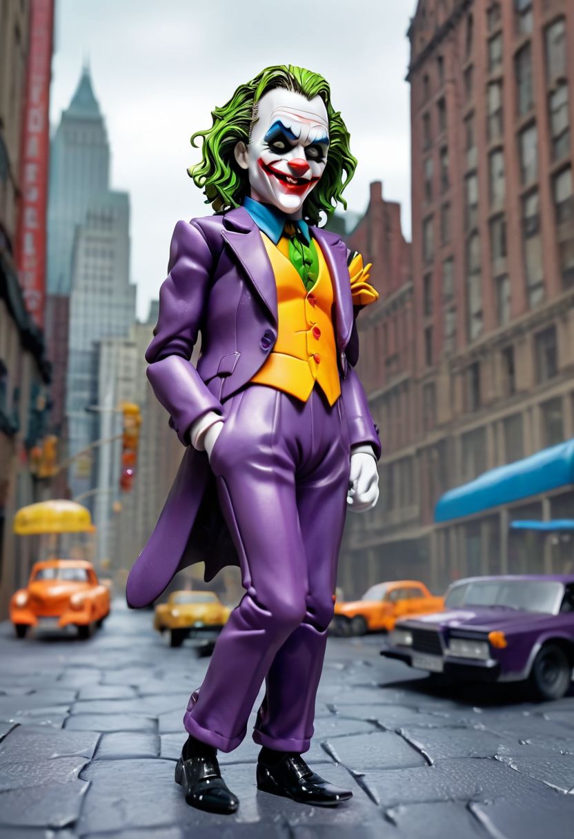(OverallDetail:1.4)(Articulated:1.6), realism, (1figure articulated of Joker in Gotham 
:1.7), (in gotic city style films Tim Burton background:1.0),    toy, cute, epic world, vivid colors, detailed,BRAKE
 (Bodysuit and Face of Joker:1.5), detailed face, hiperrealistic, 8k,35mm, realistic, detailed background