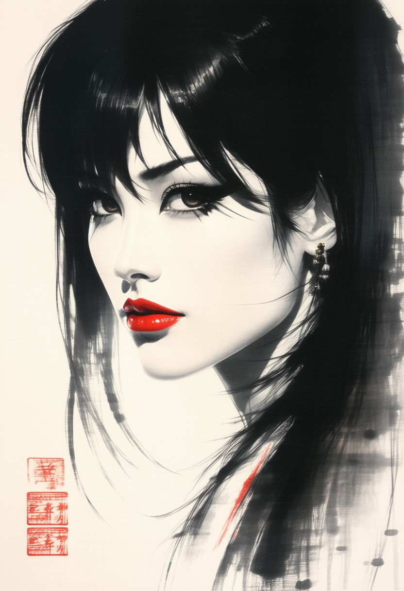photorealistic japanese inksketch, Silhouette Art, magnificent, dark background, closeup portrait of stunning japanese femme fatale, long dark hair with platinum streaks, sidelocks, bangs, blusher, seductive, sultry, lustful, red lips, direct gaze, light hitting one side of face, abstract background