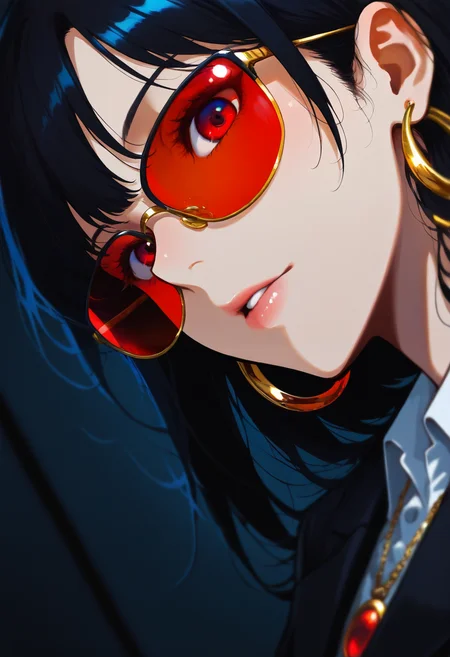 8K, depth of field, focused subject, dynamic angle, best quality, detailed eyes, perfect eyes, realistic eyes,
<lora:cospl4_by_readandsign_v3:0.85> gr43po
Stylized digital portrait of a person with fair skin and short, dark hair. The subject is wearing red-tinted sunglasses, a white shirt, and a black blazer. They have a confident expression with slightly parted lips and a relaxed posture. The background is a solid, vibrant red, which contrasts with the subject's attire. The person is accessorized with gold jewelry, including a necklace with a pendant and small hoop earrings. The overall composition is bold and striking, with a focus on the subject's face and upper body. easynegative, sinozick style, flat color, dark theme, g4n1m3