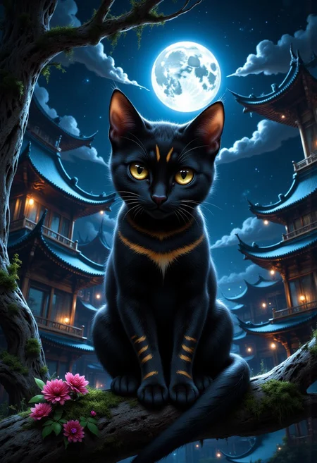 masterpiece, best quality, amazing quality
,solo, yellow_eyes, flower, outdoors, sky, cloud, tree, no_humans, night, :3, animal, facial_mark, moon, cat, star_\(sky\), night_sky, full_moon, starry_sky, animal_focus, architecture, black_cat, east_asian_architecture, whiskers, black_fur, huge_moon,A digital illustration shoot from a front camera angle about a cute black cat sitting on a moss-covered branch under a large full moon, surrounded by a fantasy setting with tall pagodas and flowers. on the middle of the image, a 1girl, who appears to be a cat, is sitting, looking at the viewer with large, expressive brown eyes. the cat has black fur with yellow stripes, and its ears are perked up, giving it a curious expression. it is positioned on the branch, with its body facing the viewer, giving a clear view of its full body. in the background, a full moon is visible, with stars twinkling in the night sky, and fluffy white clouds are visible, adding to the magical atmosphere of the scene. the overall style is whimsical and fantastical, with a focus on the cat's curious expression and the intricate details of its markings on its body.
solo, smile, brown eyes, flower, outdoors, sky, day, cloud, no humans, animal, night, animal focus, star \(sky\), moon, cat, full moon