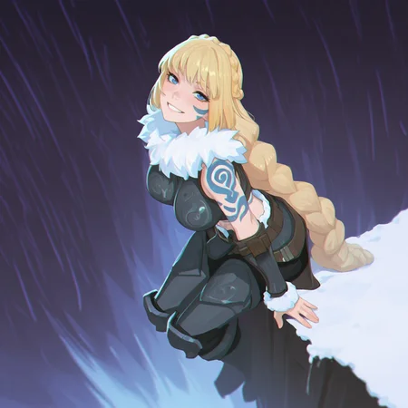 masterpiece, best quality, amazing quality, very aesthetic, absurdres, newest, 0__11Xx_illu, afkJourneyStyle,
BREAK,
1girl, solo, barbarian, athletic, pale ksin, blonde hair, blue tattoos, tribal tattoos, midriff, fur armor, large breasts, fur belt, multiple belts, grin, looking up at viewer, (sitting on ledge:1.3), dangling legs, face focus, relaxing, high up, from above, extremely high angle, very long hair, braids, crown braid, heavy armor, metal armor, engraved armor, bright blue eyes,
BREAK, outdoors, winter, snow, fantasy background, vibrant surreal, background mountains, background, detailed background, dramatic lighting, depth of field, volumetric lighting, deep contrast, high contrast black, dramatic composition,