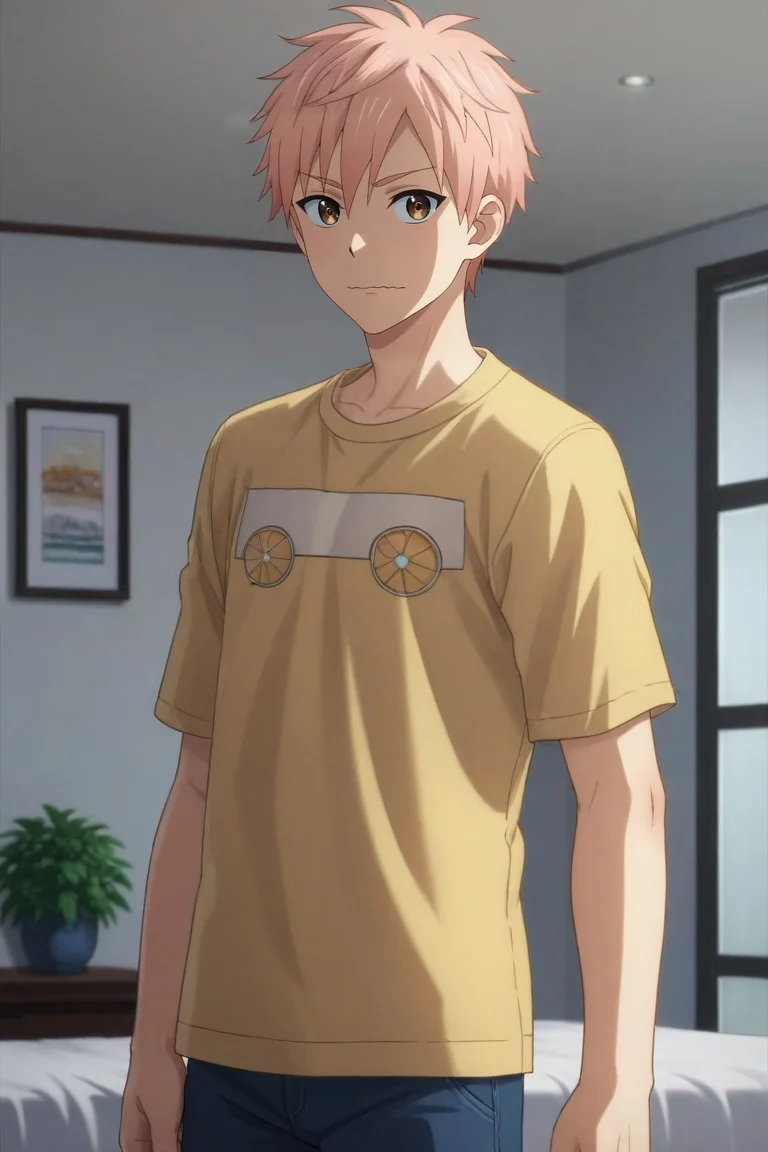score_9, score_8_up, score_7_up, source_anime, rating_safe, intricate details, (photorealistic:0.6), looking at viewer, , 1boy, solo, male focus, <lora:shion_asuma_pony:0.9>, shion_asuma, pink hair, brown eyes, short hair, wide angle, wide shot, cowboy shot, bedroom, (plush), indoors, (pose), wavy mouth, closed mouth, ,, <lora:sdxl_lightning_8step_lora:1>