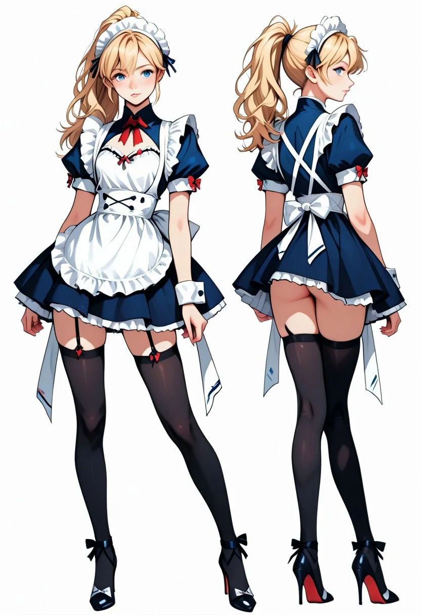 score_9, score_8_up, score_7_up, maid apron, blue maid, maid headdress, thighhighs, wrist cuffs,
BREAK 1girl(femboy, sissy, hyper feminine, shy, arms by her side, very feminine blonde ponytail hairstyle, high heels, blue eyes),
BREAK perfect posture, looking straight ahead, profile,
BREAK CharacterDesignIllustrious, reference sheet, simple white background, ((facing forward)), (multiple views), (full body), (((simple pose)))