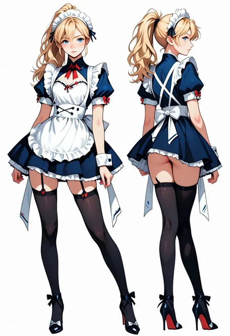 score_9, score_8_up, score_7_up, maid apron, blue maid, maid headdress, thighhighs, wrist cuffs,
BREAK 1girl(femboy, sissy, hyper feminine, shy, arms by her side, very feminine blonde ponytail hairstyle, high heels, blue eyes),
BREAK perfect posture, looking straight ahead, profile,
BREAK CharacterDesignIllustrious, reference sheet, simple white background, ((facing forward)), (multiple views), (full body), (((simple pose)))