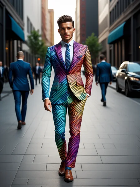 man wearing a colorful madmze business suit walking through city, dynamic pose<<lora:Colorful_Maze_Pattern_SDXL:1>, masterpiece, best quality, ultra high res, (photorealistic, realistic:1.2), deep shadow, raw photo, film grain, Fujifilm XT3, 8k uhd, dslr