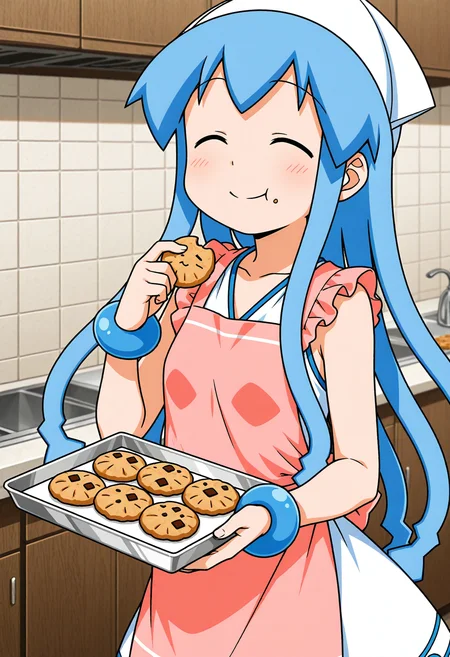 <lora:dmd2_sdxl_4step:1>, 1girl, solo, <lora:ikmsm_illustrious_v7:0.9> ikmsm, ikamusume, white dress, apron, 
smile, closed eyes, baking chocochip cookie, holding tray, kitchen, looking at another, eating cookie, food on face, 
general, masterpiece, best quality, very aesthetic, absurdres, anime coloring,