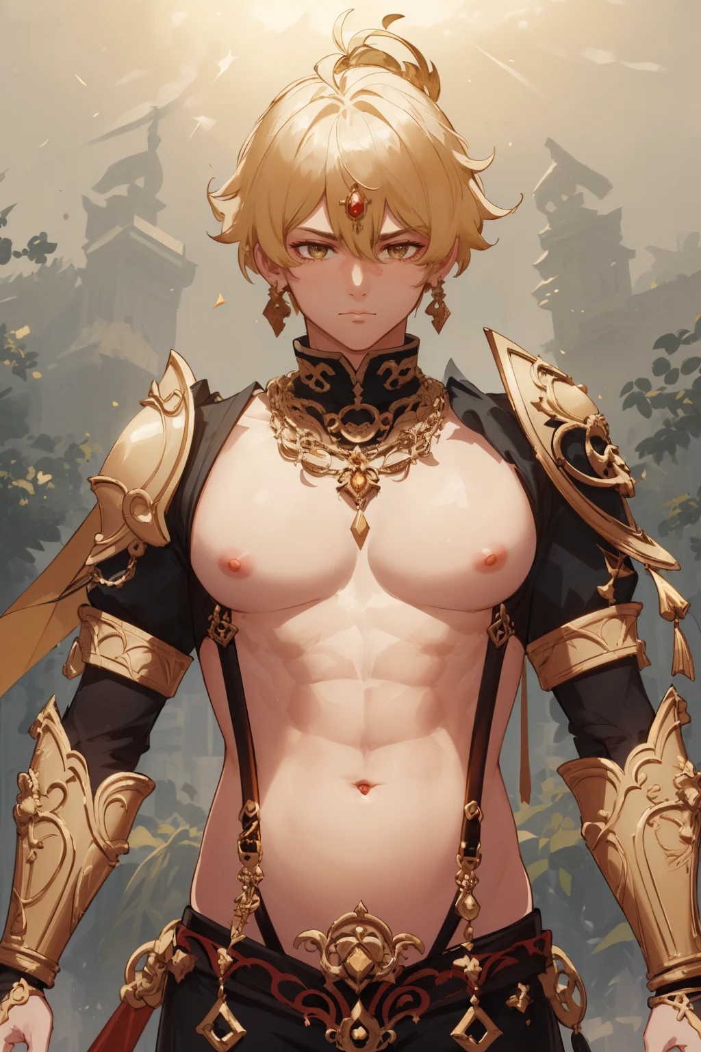 (masterpiece:1.5), (((top quality, best quality, high quality))), ((intricately detailed, ultra-detailed, insanely detailed)), highres, 32K, extremely detailed unity CG 8K wallpaper, (beautiful and aesthetic:1.2), (depth of field:1.3), (immaculate:1.3), (delicate detailed depiction:1.4), Genshin Impact Style,
(((brilliant full natural lighting, luscious vibrant colors))), (ambient volumetric backlighting:1.5),
(upper body:1.4), (close-up:1.21), (perfectly centered:1.4), (natural willowy posture:1.5), (((dynamic pose, cinematic angle))),
(1boy:1.5), (male focus:1.5), (warrior:1.5),
(((handsome, good-looking))),
(((skinny body))), bright glistening skin, realistic skin, skin pores, (petite:1.5), (((soft belly, navel, groin:1.3))), narrow waist,
(delicate royalty fashion:1.5), (ornate glistening body armor:1.5), (ornate breast suspenders:1.5), (ornate armored ironclad breastsplate:1.5), (ornate armored crotch plate:1.5), (((warrior gauntlets))), (((dragon print))), (full display of baroque style jewelries:1.3), (royalty golden crest:1.4), (((gem-studded collar))), (fabrication glitters:1.5), (fine and delicate clothing details:1.5), (jeweled embroideries:1.4), (clothing sparkles:1.4), (((sagging front seam, crotch seam, sagging hind seam))), (((earrings, armlets, necklace, hairclip))),
(standing alone in an outdoor magical garden decorated with jewelries and gemstones and colorful exotic flowers and bushes:1.5), (outside a grand Renaissance-style palace:1.5), (surreal delicate background:1.5), (intricate complex scene:1.5), <lora:naughty_to_nice_v2.5:-0.75>, <lora:age_slider_v2:-2>, <lora:GoodHands-vanilla:1>, <lora:weight_slider_v2:0.55>, <lora:GenshinStyle:0.7>, <lora:wrench_genshin_style_male:0.75>