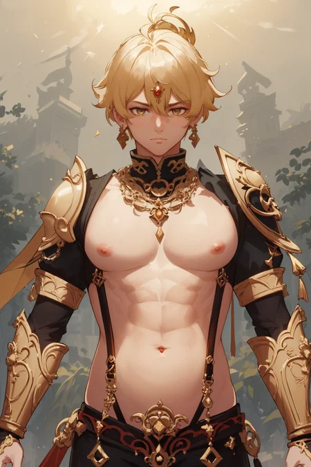 (masterpiece:1.5), (((top quality, best quality, high quality))), ((intricately detailed, ultra-detailed, insanely detailed)), highres, 32K, extremely detailed unity CG 8K wallpaper, (beautiful and aesthetic:1.2), (depth of field:1.3), (immaculate:1.3), (delicate detailed depiction:1.4), Genshin Impact Style,
(((brilliant full natural lighting, luscious vibrant colors))), (ambient volumetric backlighting:1.5), 
(upper body:1.4), (close-up:1.21), (perfectly centered:1.4), (natural willowy posture:1.5), (((dynamic pose, cinematic angle))),
(1boy:1.5), (male focus:1.5), (warrior:1.5), 
(((handsome, good-looking))), 
(((skinny body))), bright glistening skin, realistic skin, skin pores, (petite:1.5), (((soft belly, navel, groin:1.3))), narrow waist,
(delicate royalty fashion:1.5), (ornate glistening body armor:1.5), (ornate breast suspenders:1.5), (ornate armored ironclad breastsplate:1.5), (ornate armored crotch plate:1.5), (((warrior gauntlets))), (((dragon print))), (full display of baroque style jewelries:1.3), (royalty golden crest:1.4), (((gem-studded collar))), (fabrication glitters:1.5), (fine and delicate clothing details:1.5), (jeweled embroideries:1.4), (clothing sparkles:1.4), (((sagging front seam, crotch seam, sagging hind seam))), (((earrings, armlets, necklace, hairclip))),
(standing alone in an outdoor magical garden decorated with jewelries and gemstones and colorful exotic flowers and bushes:1.5), (outside a grand Renaissance-style palace:1.5), (surreal delicate background:1.5), (intricate complex scene:1.5), <lora:naughty_to_nice_v2.5:-0.75>, <lora:age_slider_v2:-2>, <lora:GoodHands-vanilla:1>, <lora:weight_slider_v2:0.55>, <lora:GenshinStyle:0.7>, <lora:wrench_genshin_style_male:0.75>