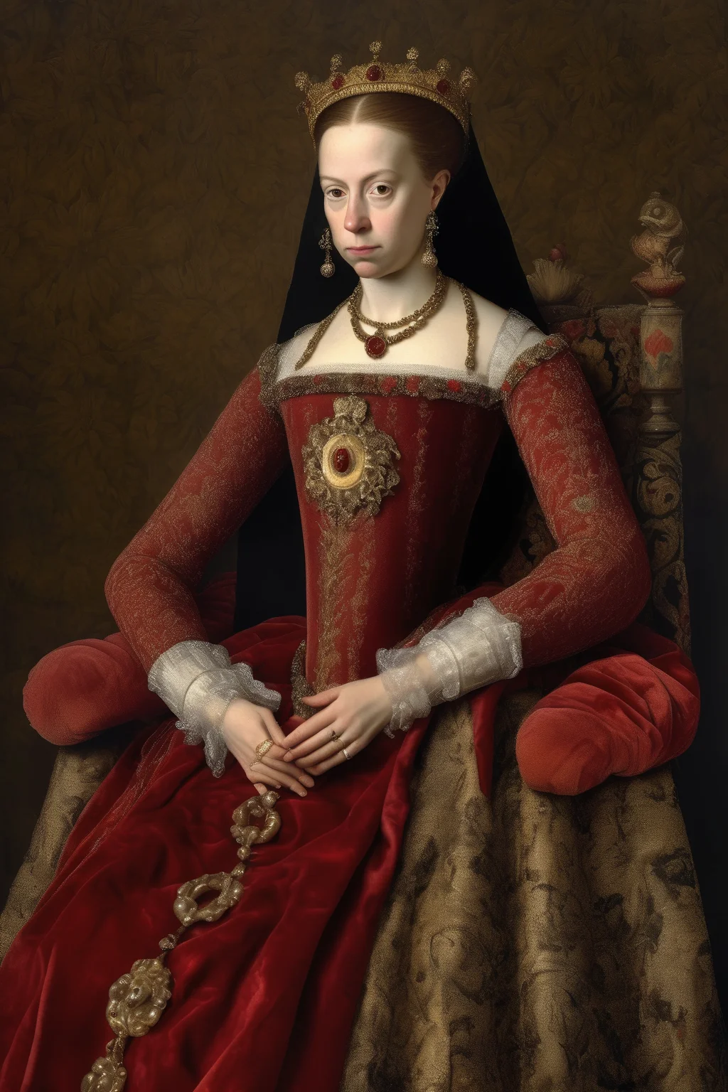 <lora:Sofonisba Anguissola Style:1>Sofonisba Anguissola Style - una fotografa hiperrealista de Juana I de Castilla, conocida como Juana la Loca. Juana est sentada en un trono ornamentado, vestida con ropajes reales de la poca, incluyendo un vestido de terciopelo rojo oscuro y una corona de oro. Su expresin es melanclica y distante, con una mirada perdida en la distancia. La iluminacin es suave y difusa, con un resplandor dorado que parece emanar de Juana misma. La paleta de colores es rica y opulenta, con tonos de rojo, oro y marrn oscuro predominantes. La composicin de la foto es una toma de retrato, capturada con una cmara de alta resolucin de 30 megapxeles, una lente de 85 mm, una apertura de f/8, una velocidad de obturacin de 1/125 y una ISO de 100. El estilo es hiperrealista, con un nivel de detalle y textura que hace que la imagen parezca una pintura antigua.