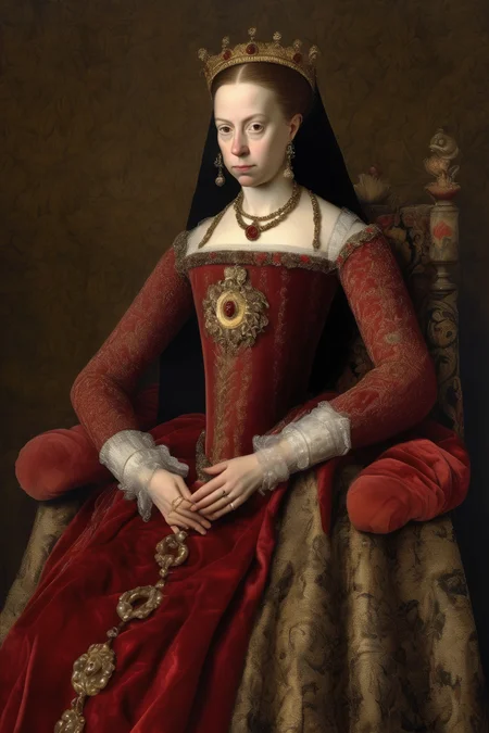 <lora:Sofonisba Anguissola Style:1>Sofonisba Anguissola Style - una fotografa hiperrealista de Juana I de Castilla, conocida como Juana la Loca. Juana est sentada en un trono ornamentado, vestida con ropajes reales de la poca, incluyendo un vestido de terciopelo rojo oscuro y una corona de oro. Su expresin es melanclica y distante, con una mirada perdida en la distancia. La iluminacin es suave y difusa, con un resplandor dorado que parece emanar de Juana misma. La paleta de colores es rica y opulenta, con tonos de rojo, oro y marrn oscuro predominantes. La composicin de la foto es una toma de retrato, capturada con una cmara de alta resolucin de 30 megapxeles, una lente de 85 mm, una apertura de f/8, una velocidad de obturacin de 1/125 y una ISO de 100. El estilo es hiperrealista, con un nivel de detalle y textura que hace que la imagen parezca una pintura antigua.