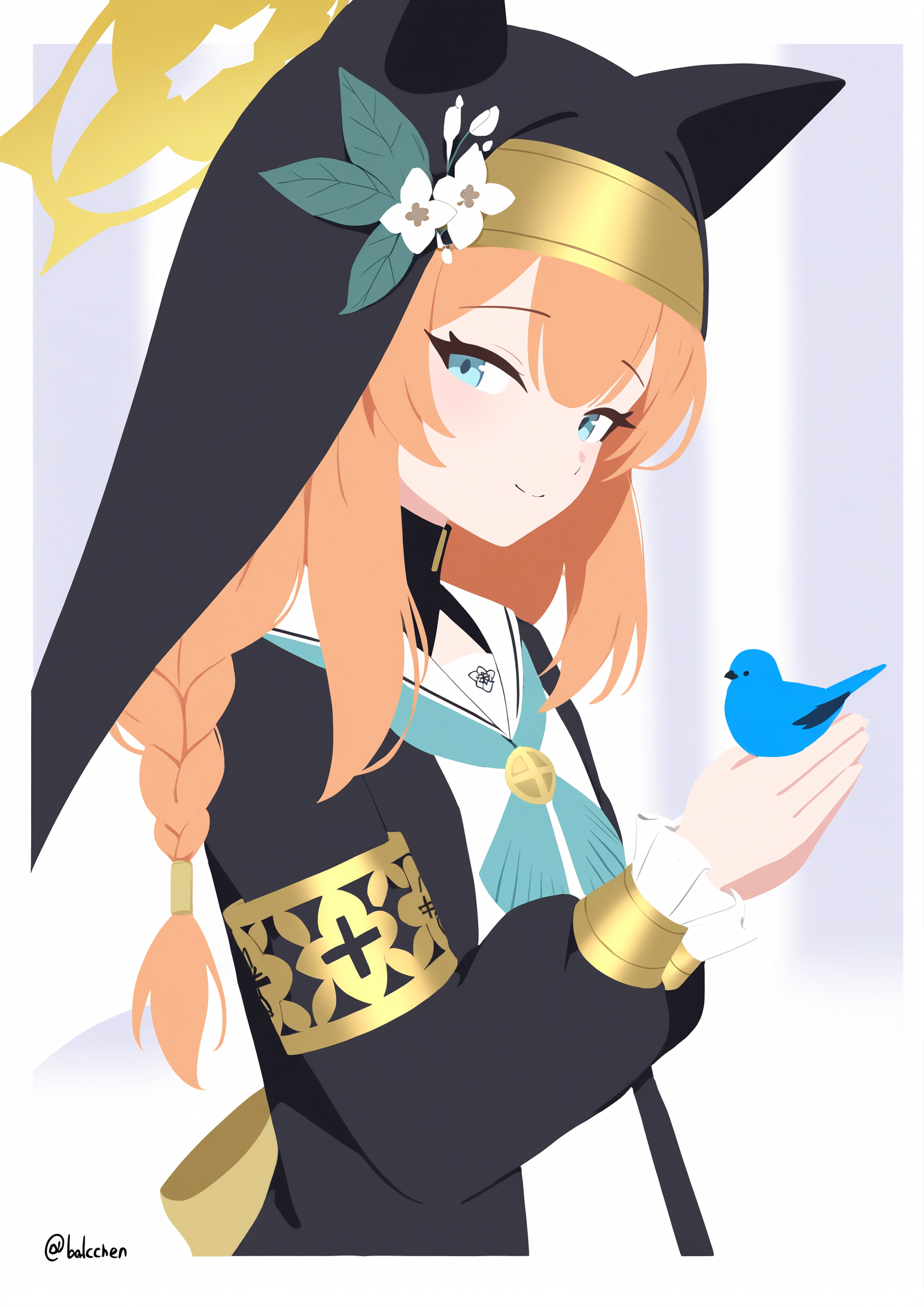 1girl,
mari \(blue archive\), blue archive,
minimalism, (no lineart:1.1025), (faceless:1.1576), simple background, blending, flat color, limited palette, outside border, orange hair, nun, looking at viewer, holding animal, long sleeves, halo, solo, upper body, white background, blue eyes, closed eyes, animal, purochen lady, coif, turtleneck, signature, artist name, smile, holding, hands up, white flower, animal ears, half-closed eyes, black headwear, habit, border, long hair, english text, light blush, hat, meme, white border, ears through headwear, double-parted bangs, sketch, holding bird, braided ponytail, bow, hair between eyes, open mouth, black coat, sideways glance, bird, armlet, single braid, praying, crosshatching, braid, blending, yellow halo, from side, standing, animal ear headwear, coat, hat flower, hooded coat, hood, flower, blackletter, closed mouth, blurry background, blurry, twitter username,
masterpiece, best quality, newest, absurdres, highres