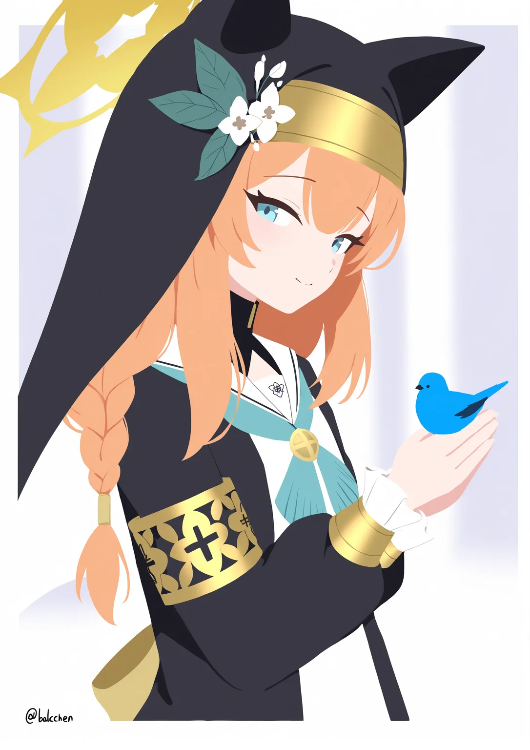 1girl,
mari \(blue archive\), blue archive,
minimalism, (no lineart:1.1025), (faceless:1.1576), simple background, blending, flat color, limited palette, outside border, orange hair, nun, looking at viewer, holding animal, long sleeves, halo, solo, upper body, white background, blue eyes, closed eyes, animal, purochen lady, coif, turtleneck, signature, artist name, smile, holding, hands up, white flower, animal ears, half-closed eyes, black headwear, habit, border, long hair, english text, light blush, hat, meme, white border, ears through headwear, double-parted bangs, sketch, holding bird, braided ponytail, bow, hair between eyes, open mouth, black coat, sideways glance, bird, armlet, single braid, praying, crosshatching, braid, blending, yellow halo, from side, standing, animal ear headwear, coat, hat flower, hooded coat, hood, flower, blackletter, closed mouth, blurry background, blurry, twitter username,
masterpiece, best quality, newest, absurdres, highres