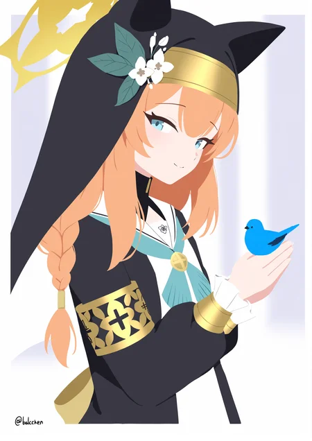 1girl,
mari \(blue archive\), blue archive,
minimalism, (no lineart:1.1025), (faceless:1.1576), simple background, blending, flat color, limited palette, outside border, orange hair, nun, looking at viewer, holding animal, long sleeves, halo, solo, upper body, white background, blue eyes, closed eyes, animal, purochen lady, coif, turtleneck, signature, artist name, smile, holding, hands up, white flower, animal ears, half-closed eyes, black headwear, habit, border, long hair, english text, light blush, hat, meme, white border, ears through headwear, double-parted bangs, sketch, holding bird, braided ponytail, bow, hair between eyes, open mouth, black coat, sideways glance, bird, armlet, single braid, praying, crosshatching, braid, blending, yellow halo, from side, standing, animal ear headwear, coat, hat flower, hooded coat, hood, flower, blackletter, closed mouth, blurry background, blurry, twitter username,
masterpiece, best quality, newest, absurdres, highres