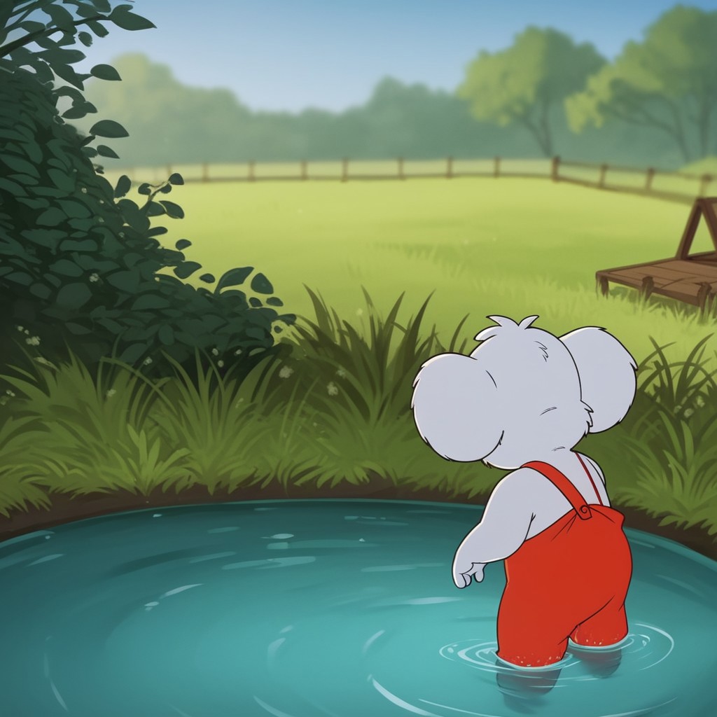 score_9, score_8_up, score_7_up, score_6_up, score_5_up, score_4_up, source_furry, Blinkybb, semi-anthro, male, Koala, grey fur, red overalls,  outside, wading, in a pond