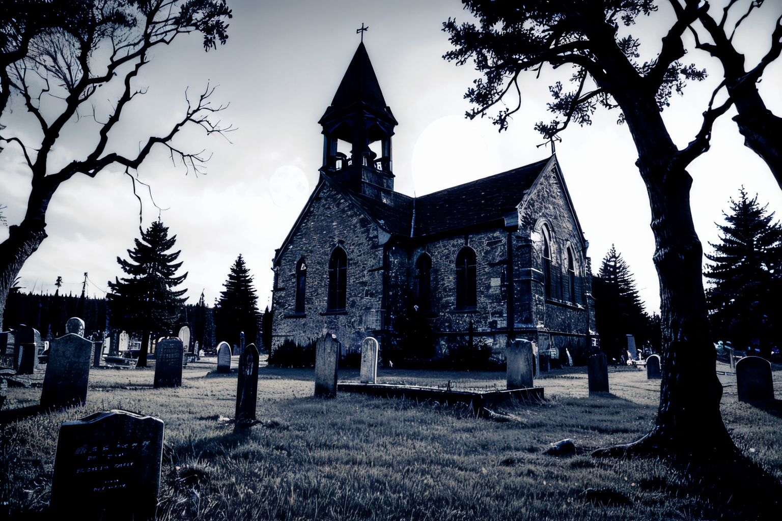 (Realisitc:1.5) EdobChurchCemeteryCreepyNight church a cemetery, black sky, in the dark, with a full moon in the background <lora:EdobChurchCemeteryCreepyNight_v1.0:0.8>