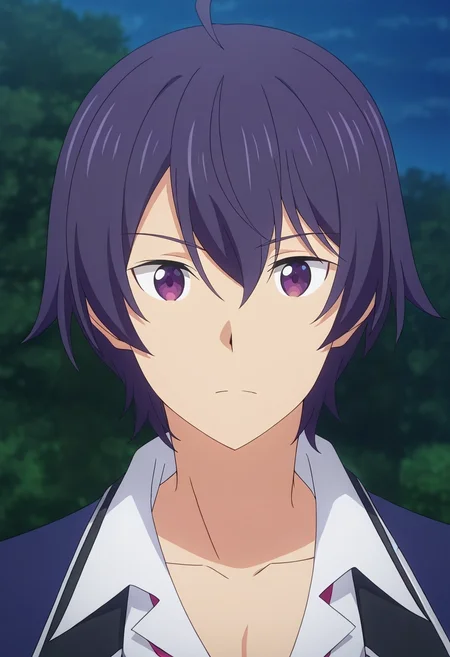masterpiece, best quality, , anime screencap, anime coloring, official style, looking at viewer, 1boy, solo, male focus, <lora:shin_wolford_ilxl:0.92>, shin_wolford, purple hair, purple eyes, short hair, ahoge, hair between eyes, ,