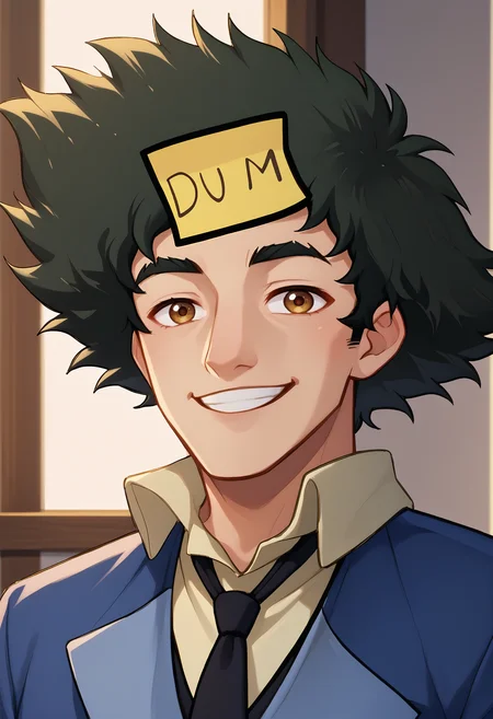 score_9, score_8_up, score_7_up BREAK  <lora:DumStickyNote_XLPD:1.1> dumstickyNote, sticker <lora:cowboybebop_spike_ponyXL:1> spikespiegel, upper body, formal, suit, jacket, necktie, smile