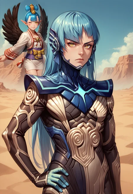 score_9, score_8_up, score_7_up, score_6_up, detailed, 1boy, outdoors, desert, detailed, sky, looking at viewer, closed mouth, unamused, hand on hip, <lora:SmtV-Protag-pdxl_Fp:1> nahobino, long hair, blue hair, yellow eyes, bodysuit, armor BREAK 1girl, <lora:zs_AmanazokoXL:1> amanazokosmtv, blue hair, hair ornament, yellow eyes, pointy ears, black wings, kimono, wide sleeves, geta