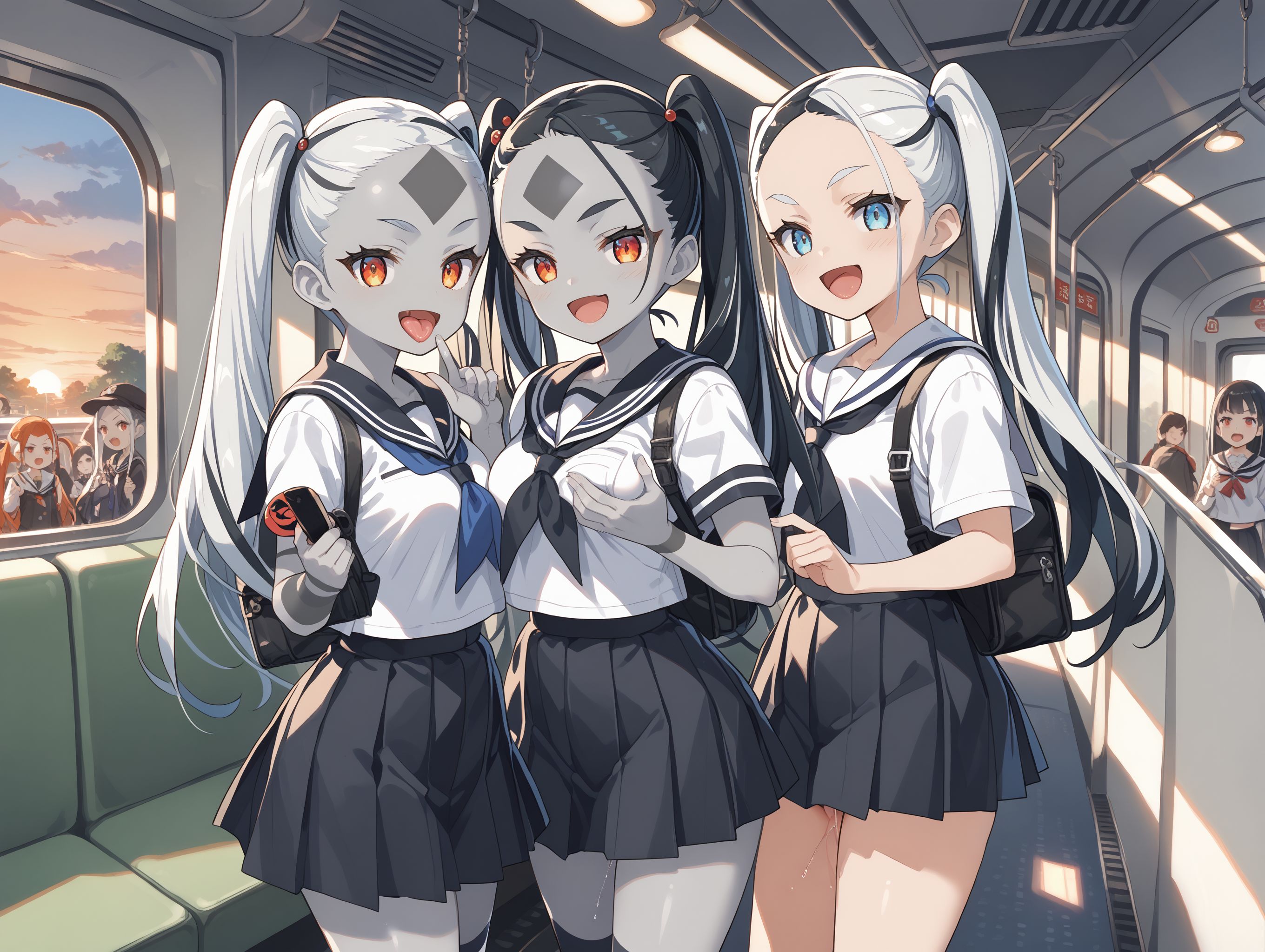 score_max, (score_9, score_8_up, score_7_up:1.2), score_6_up, official art, source_anime,
anime screencap, masterpiece, absurdres, high detail, 8k,
indoors, train, sunset, orange sky, multiple girls, girls crowd, cowboy shot, pov,
trio, 3girls, standing, skirt lift, licking finger, grabbing breast, naughty face, evil smile, half-closed eyes, open mouth, :d, looking at viewer,
nymph, (grey skin:1.4), twintails, long hair, two-tone hair, white hair, black hair, forehead, bodypaint, striped, serafuku, string panties, pussy juice,
<lora:XL_Pony_MGCM-nymph-t1:1.2>