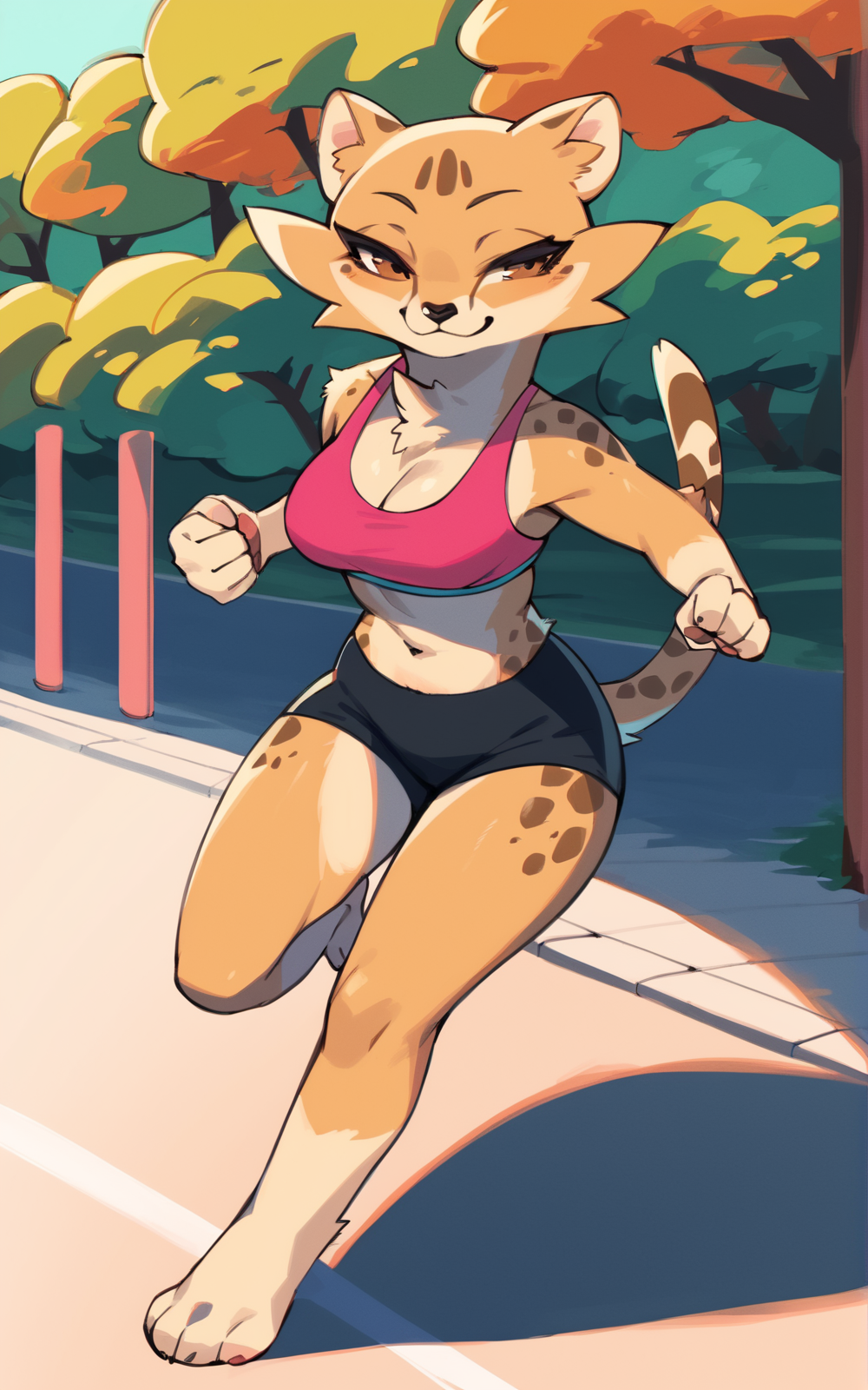 score_9, score_8_up, score_7_up,((best quality)), absurdres, ((full body)), <lora:3d-2d:0.8>,  <lora:AkinoELKPXL:0.8>,AkinoELKPXL,furry female,furry, solo, cleavage, tail,animal ears, navel, half-closed eyes,sports bra, body fur, smile, pink sports bra, barefoot,animal nose, brown eyes,multicolored fur, midriff,black buruma, running,outside, park
