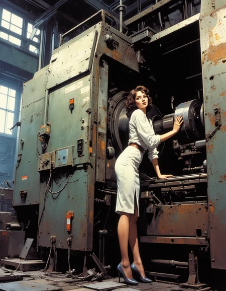 A dramatic, hyper realistic, professional photography, beatiful, masterpiece, super detailed, breath taking, best quality, portrait shot.
A full-length portrait. Inside the industrial workshop of the plant. A huge coordinate boring machine, next to it stands a young girl in stylish office clothes (white blouse, pencil skirt with slit, stockings, shoes), she bent over the machine. Pinup pose, sexy. A silly expression on his face. Open mouth, wide open beautiful eyes, Puzzlement. Depth of field. Bottom view from behind, the girl's figure is fully visible, a huge machine towering over her., blending high fashion with a science fiction aesthetic.
(Depth of field), low saturation,detail. mythp0rt Stylish, charismatic.
(depth of field)
mythp0rt,
nigiex.