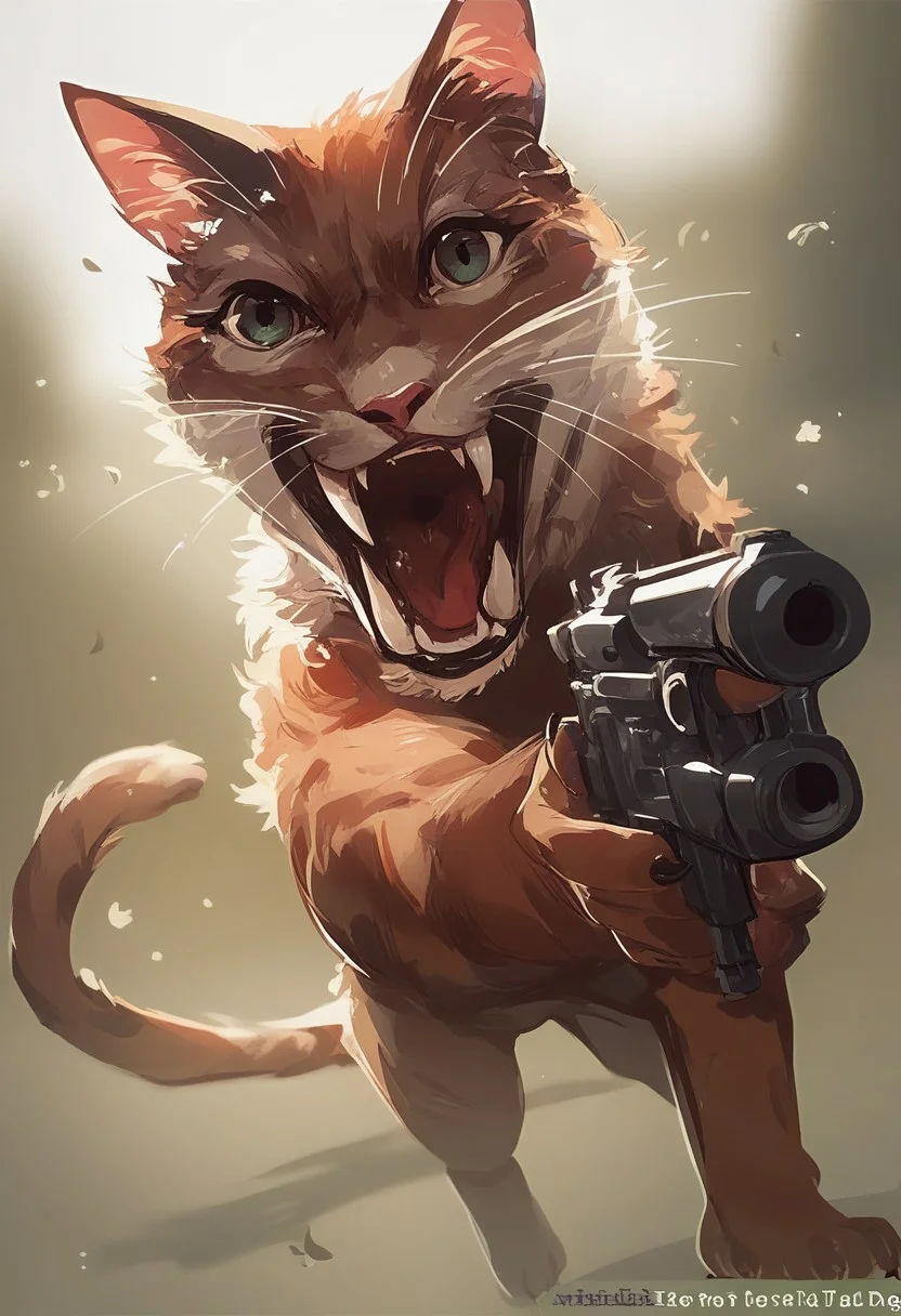 score_9, score_8_up, score_7_up, score_6_up, score_5_up, score_4_up, cat, holding gun, aiming at viewer, open mouth, fangs, tail, happy