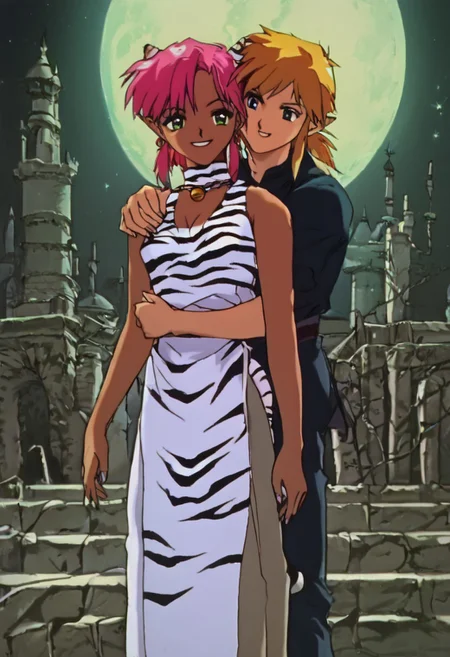 score_9, score_8_up, score_7_up, score_6_up, 1990s_(Style), 90s, Anime_Coloring, masterpiece, source_anime screenshot, duo, 1 girl, 1 boy, vivid colors, anime style, cartoon anime, source_anime, high-res, beautiful aesthetic, very intricate, high-quality details, vibrant, highly detailed, award-winning, professional, sleek and shiny, <lora:pink-ponyxl-v2:1>, single fang showing, sleeveless dress, white tiger print dress, pelvic curtain, cleavage, white cat ears, cat bell necklace, bright pink hair, tanned, white tiger tail, red sash, small breasts, leather shoes, detailed eyes, green eyes, detailed face, smile, BREAK score_9, score_8_up, score_7_up, score_6_up, Masterpiece, source_anime, anime style, 1 girl, 1 boy, vivid colors, high-res, beautiful aesthetic, very intricate, high-quality details, vibrant, highly detailed, award-winning, professional, <lora:link:1> link1, link, pointy ears, blonde hair, blue eyes, medium hair, side locks, earrings, short ponytail, blue hylian tunic, grin
Break
In front of Medieval castle in ruins, pink and link standing for photo, hugging, kissing neck, night time, moon partially showing behind castle, front view, cowboy shot, whimsical, happy