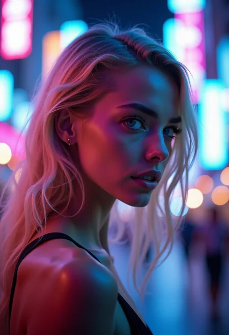 A stunning blonde female in a profile portrait, her sharp features highlighted by the neon glow around her. Her piercing blue eyes lock onto the viewer with an intense, Amazonian gaze, radiating confidence and power. The background is a futuristic cityscape at night, a blur of towering skyscrapers and glowing neon signs that blend into a kaleidoscope of colors. A neon color gradient overlays the scene, casting her face in hues of electric blues, purples, and pinks. Soft bokeh lights dance across the image, creating a dreamlike effect, while the light catches the delicate strands of her hair, making them shimmer like spun gold. The atmosphere is electric and surreal, the neon lights reflecting in her eyes, enhancing her allure with a vibrant, otherworldly beauty.