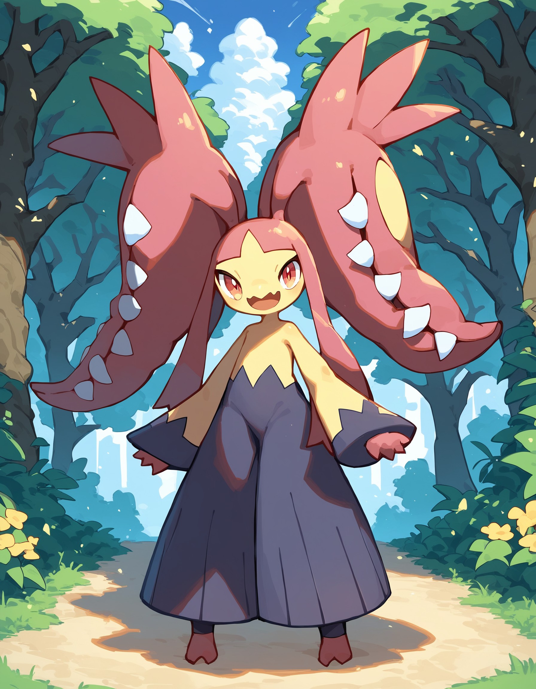 score_9, score_8_up, score_7_up, Megawile, pink hair, multicolored skin, long sidelocks, extra mouths, pokemon \(creature\), meadow, trees, full body, looking at viewer, smile, open mouth, Expressiveh, standing, <lora:cefaa866-a58e-40ba-a219-79ab392f7d60:0.9>, <lora:13bfa59f-4cee-4936-9ff4-e555a5c9ab09:0.9>