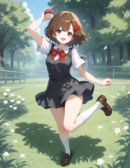 score_9, score_8_up, score_7_up, score_6_up, BREAK source_anime, best quality, masterpiece
1girl,<lora:lass hgssPonyXL:0.8>,lass hgss,brown eyes,heart hair ornament,bowtie,black pinafore dress,white shirt,socks,loafers,full body,standing,standing on one leg,arm up,smile,open mouth,holding poke ball,looking at viewer,grass