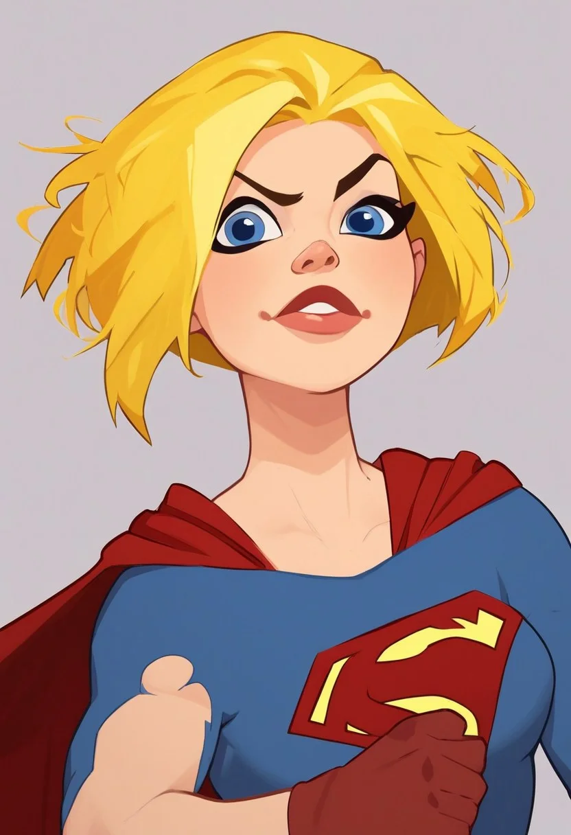 score_9, score_8_up, score_7_up, 1girl, solo, kara, short hair, blonde hair, blue eyes, makeup, supergirl, simple background, dynamic posing