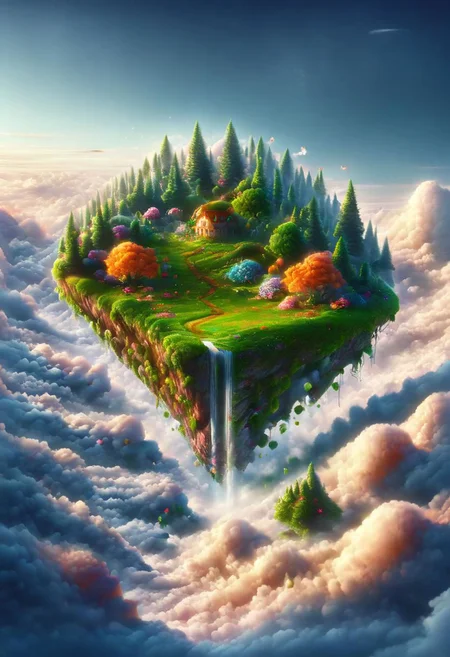 The small waterfall cascading off the edge of the island into the clouds below adds a sense of magic and wonder to the scene.