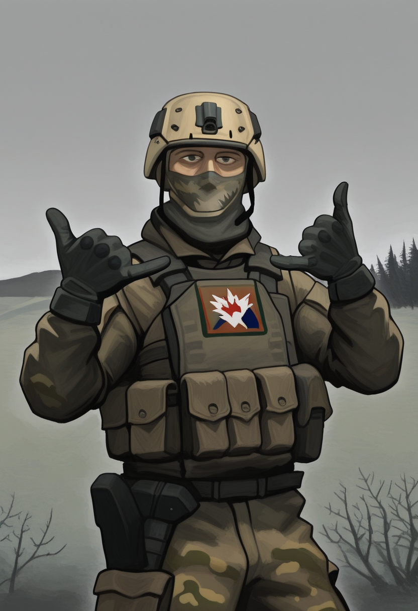 1boy, solo, pt1chn1k, looking at viewer, cowboy shot, shaka sign, gesture, military, military helmet, khaki camouflage, grey sky, nature, face mask, five fingers, military gloves,