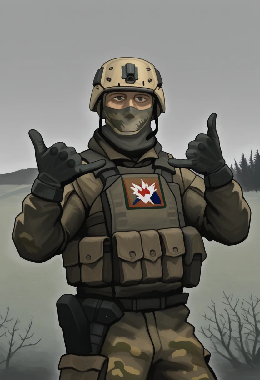 1boy, solo, pt1chn1k, looking at viewer, cowboy shot, shaka sign, gesture, military, military helmet, khaki camouflage, grey sky, nature, face mask, five fingers, military gloves,
