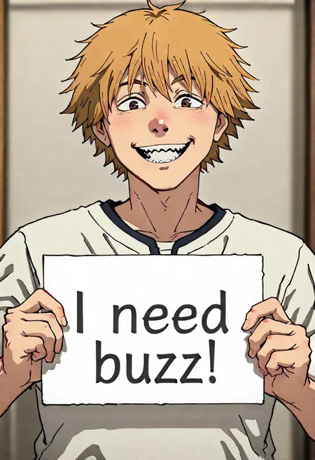 masterpiece, need_buzz, holding sign, anime, 1boy, Denji, smiling, sharp teeth,