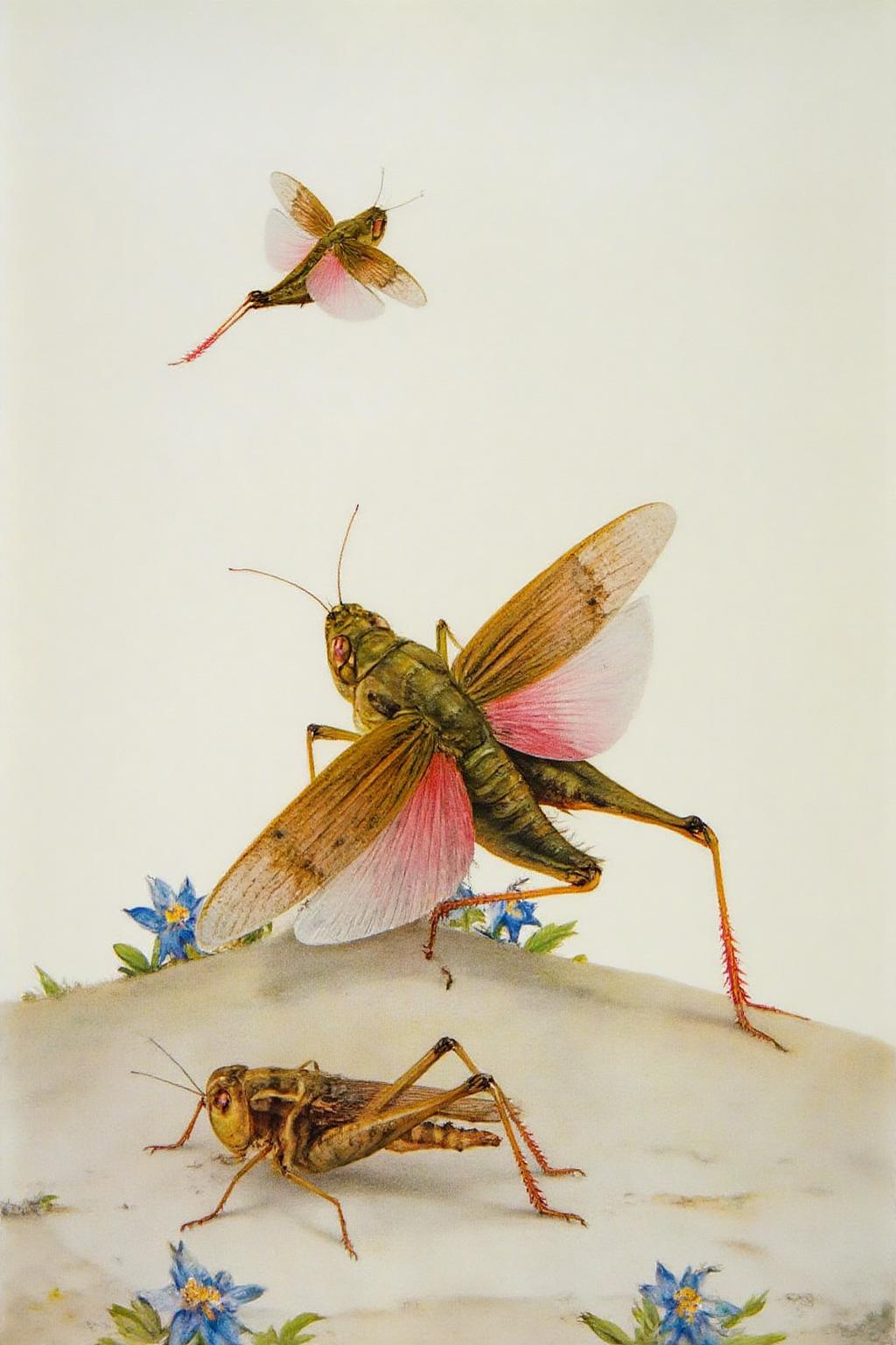 detmo1d watercolor painting.
This is a detailed, watercolor painting depicting a scene of three grasshoppers on a textured, light brown ground with scattered blue flowers and green foliage. The grasshoppers are rendered in a realistic, detailed style with a focus on natural textures and colors. The largest grasshopper, in the center, has a body covered in a mix of brown and green tones, with a prominent, vibrant pink underside to its wings, which are spread wide, giving a sense of movement. <lora:detmold1_cap_d6a3e13:1.0><lora:831790661343802436:0>
