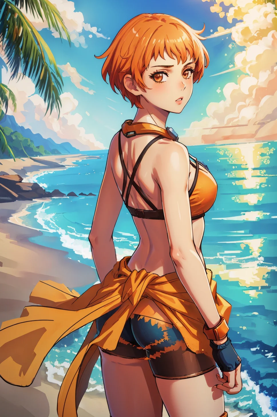 masterpiece, beach, sky, ocean, 1girl, from behind, cowboy shot, clothes around waist, looking back, looking at viewer, parted lips, <lora:LeonieFE3H-FEH:0.8> sumLeonie, short hair, orange bikini, fingerless gloves