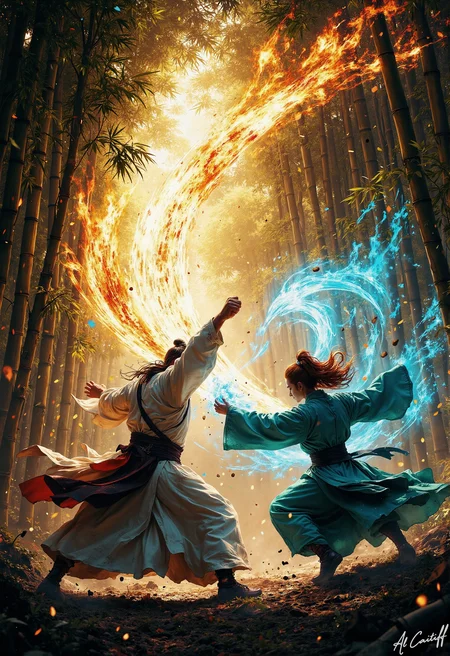 Beneath the golden light of dawn, two cultivators clash amidst a dense bamboo forest, their movements a blur of spiritual power. The tall man in white hanfu robes spins through the air, his wide sleeves swirling as his fist ignites with blazing yang energy - a glowing golden aura erupting around his knuckles. The woman in turquoise ruqun leaps backward, her auburn hair whipping as she counters with a sapphire-blue fist strike, their qi colliding in a shockwave that bends the surrounding bamboo. The slender stalks tremble as leaves rain down around them, each glowing with residual energy from their battle. Golden and blue light pulses through the forest as they exchange dozens of blows in an instant - his emerald eyes flashing with intensity, her sapphire gaze sharp as a honed blade. The morning mist parts around their spiritual pressure, revealing the sacred mountain peaks watching silently in the distance., fg<lora:CustomFlux/MysticFantasy.safetensors:0.25000000000000006:0.25000000000000006> <lora:CustomFlux/MysticRealism.safetensors:0.7500000000000001:0.7500000000000001> <lora:Flux/Stylized-Super-Texture.safetensors:0.5000000000000001:0.5000000000000001>