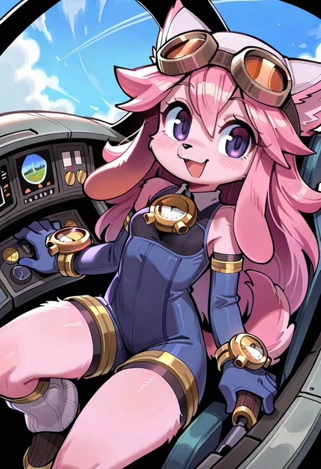 safe_pos, score_9, score_8_up, score_7_up, high resolution, masterpiece, best quality, wamudraws, itsunkownanon,
1girl, solo, dynamic angle, spherical cockpit, riding cockpit, open cockpit, large windshield, sky,
chocolatsr, cute, furry female, dog girl, pink fur, long hair, pink hair, dog tail, purple eyes, animal ears, animal nose, flat-chested, small breasts, shortstack, blue jumpsuit, elbow gloves, white headwear, goggles on headwear, leg warmers, boots, looking at viewer, smile, open mouth, black chest