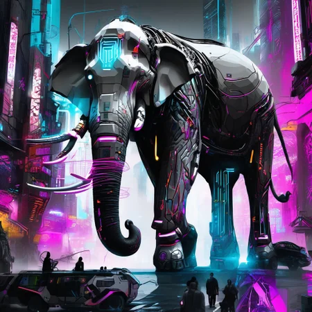 Jed-Cypnk style,masterpiece, full of details, (((masterpiece))) , (((best quality))) , A giant elephant rampaging in the middle of city, Intense, Ethereal Lighting, World-renowned, lots of details, <lora:CyberpunkStyle:0.7>, ambient background, very inspirational, highly detailed, fine polished, dynamic dramatic beautiful full taking